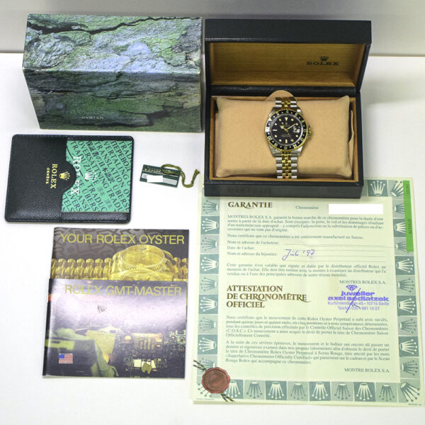 Rolex GMT-Master II Two-Tone Yellow Gold Steel Black Dial 16713 Bracelet