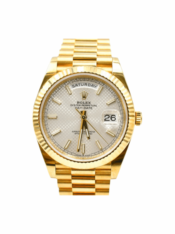 Rolex Day-Date 40 Yellow Gold Silver Diagonal Dial 228238 Bracelet