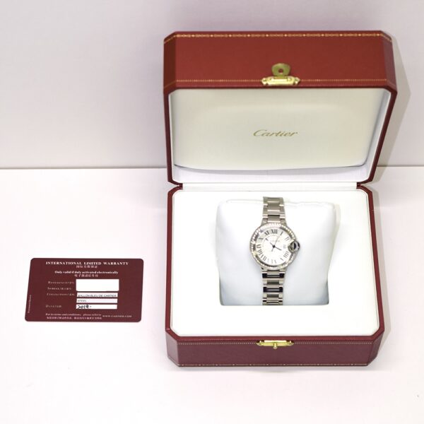 Cartier Ballon Bleu Stainless Steel Diamond Bezel Silver Roman Dial W4BB0016