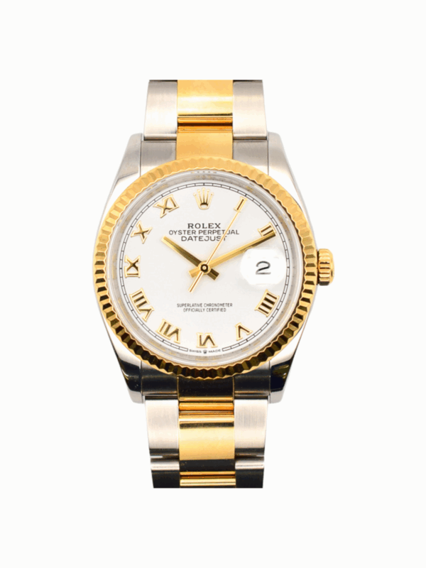 Rolex Datejust 36 Yellow Gold and Steel White Roman Dial 126233