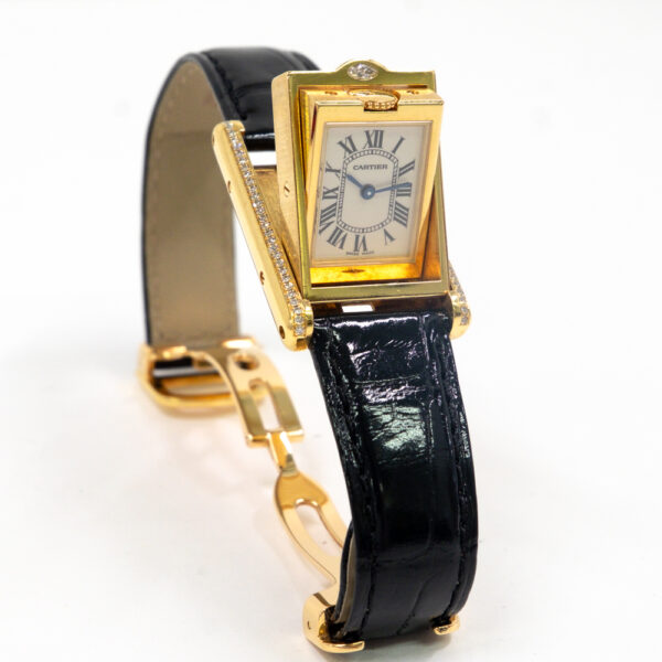 Cartier Tank Basculante Yellow Gold Diamond Bezel White Roman Dial WA202251