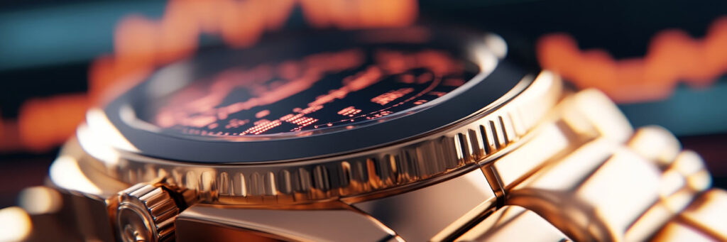 a pre-owned gold watch on a background showing market growth