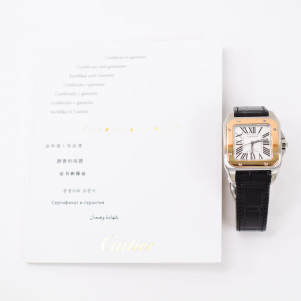 Cartier Santos 100 Steel Rose Gold White Roman Dial W20107X7 Bracelet