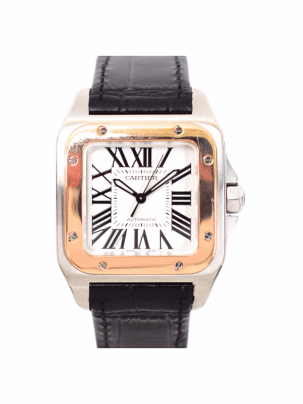 Cartier Santos 100 Steel Rose Gold White Roman Dial W20107X7 Bracelet