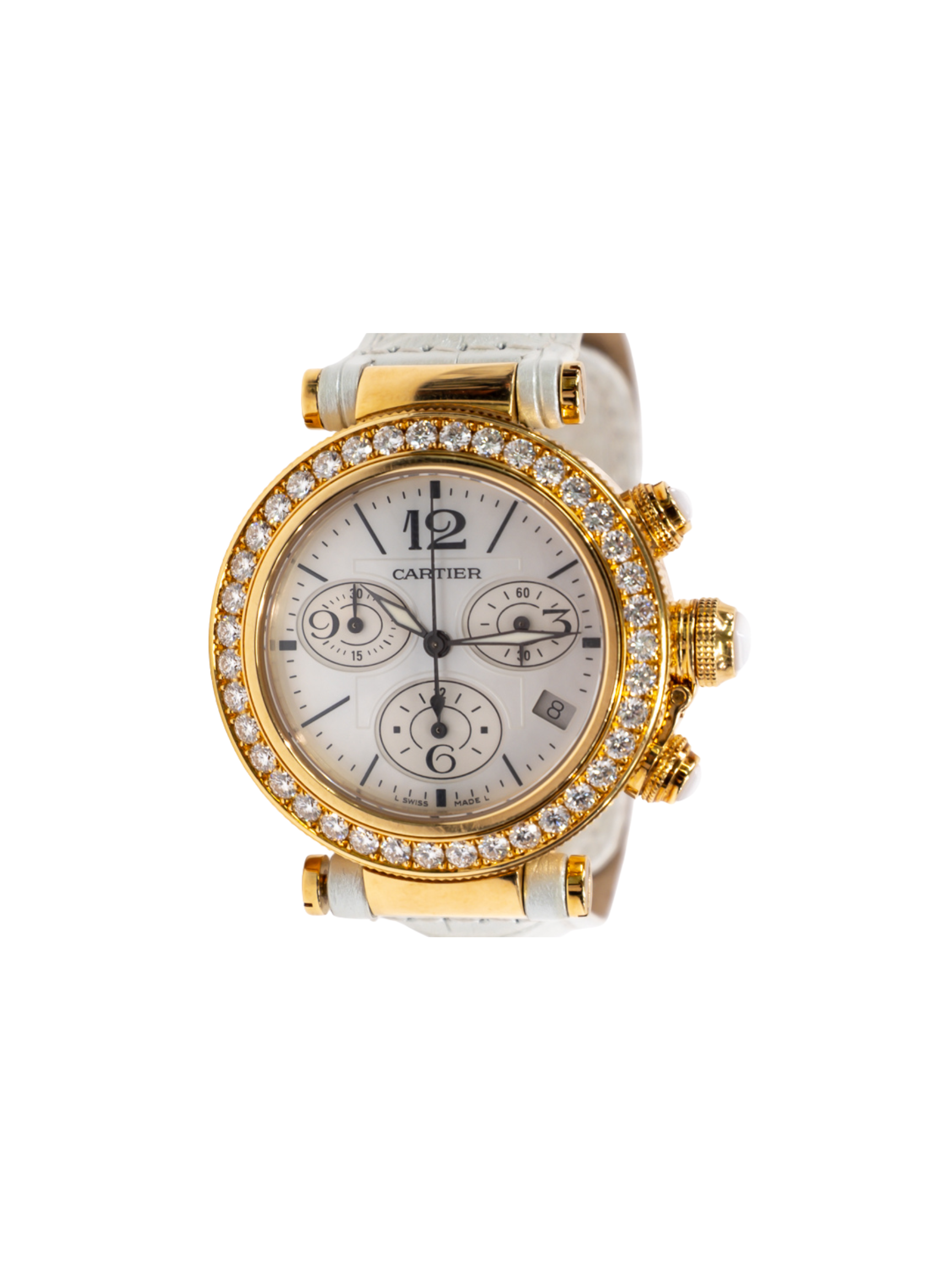 Cartier Pasha Seatimer Diamond Bezel Yellow Gold Silver Dial WJ130009