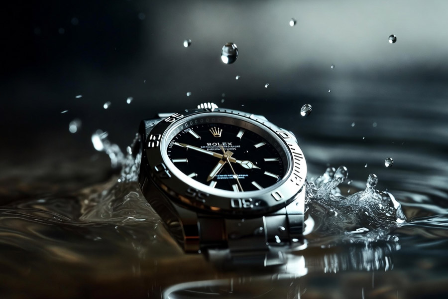 wet Rolex watch showing signs of water damage