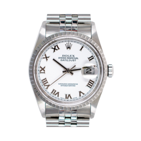 Rolex Datejust 36 Stainless Steel Engine Turned Bezel White Roman Dial 16220