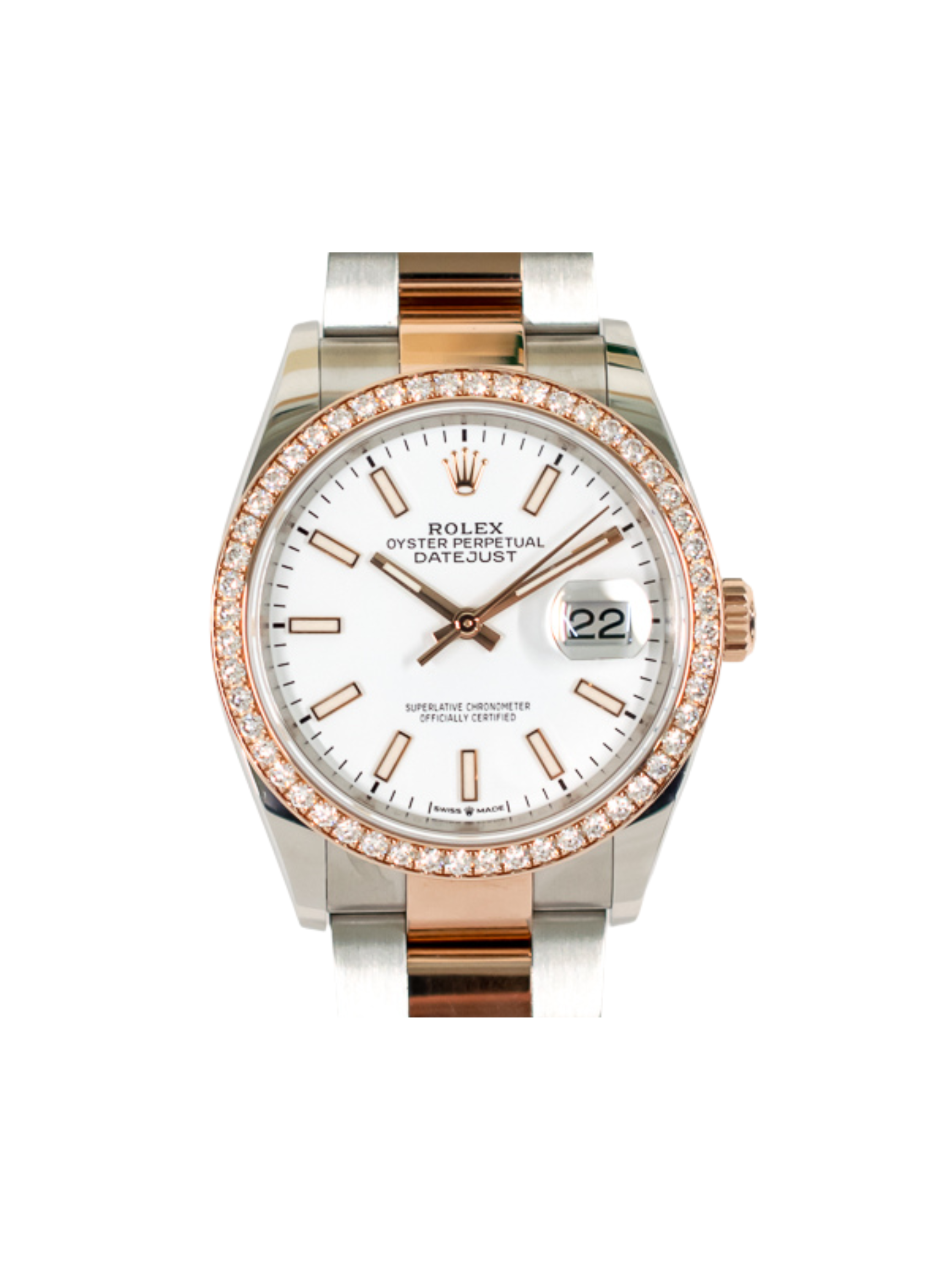 Rolex Datejust 36 Rose Gold and Steel Diamond Bezel White Dial 126281RBR