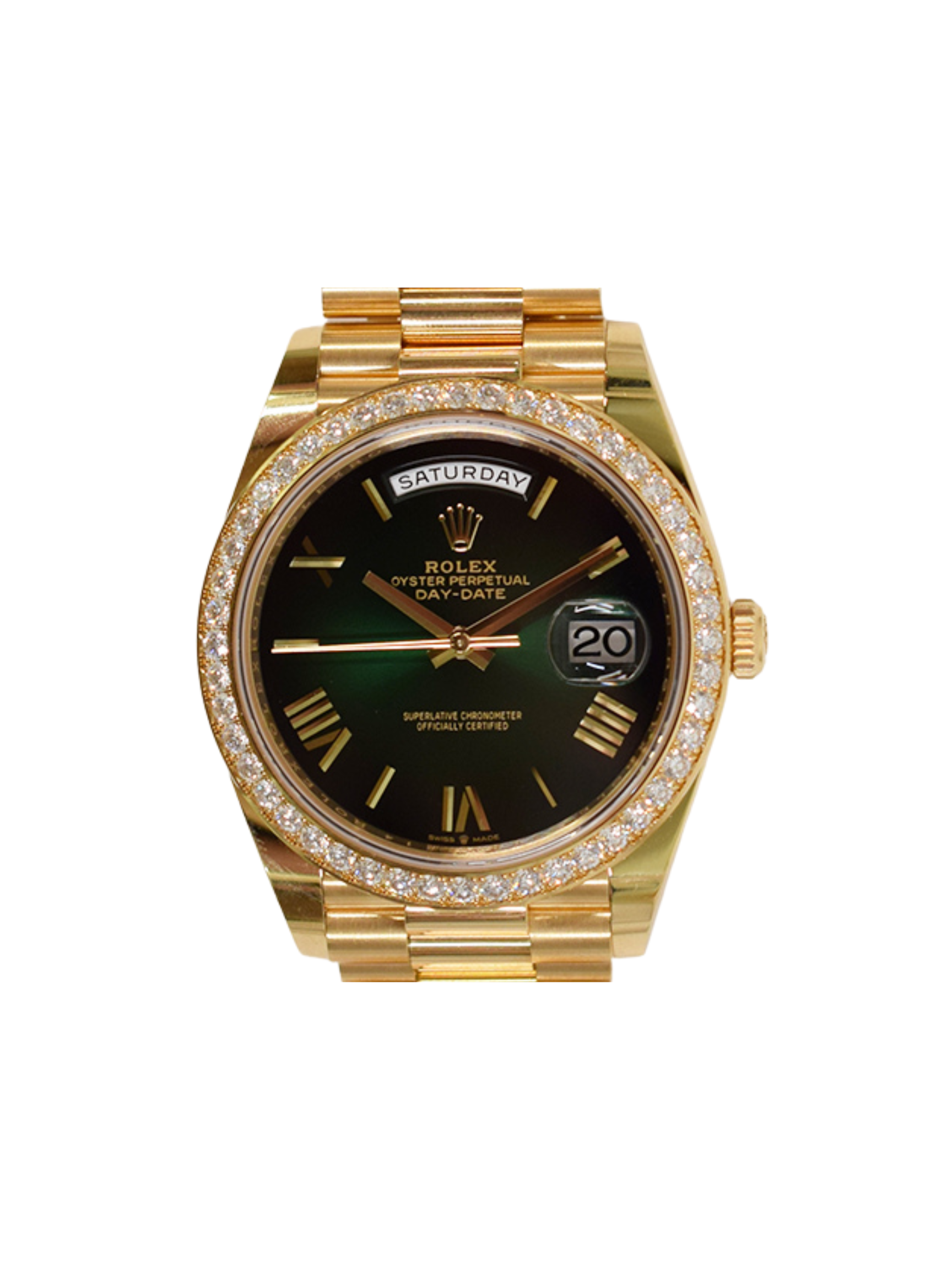 Rolex Day-Date 40 Yellow Gold Diamond Bezel Green Ombre Dial 228348RBR