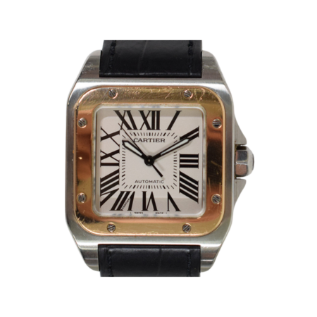Cartier Santos 100 Stainless Steel and Rose Gold Silver Roman Dial W20107X7