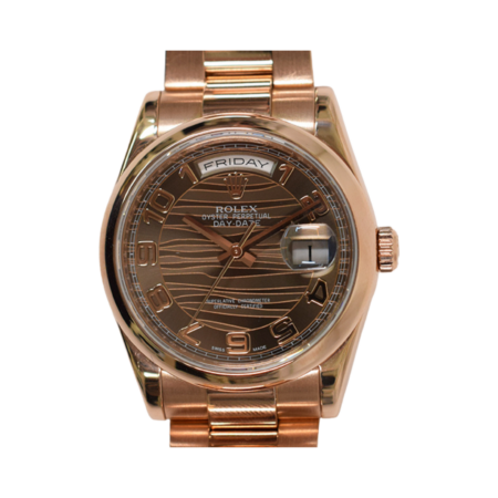Rolex Day-Date 36 Rose Gold Chocolate Wave Arabic Dial 118205