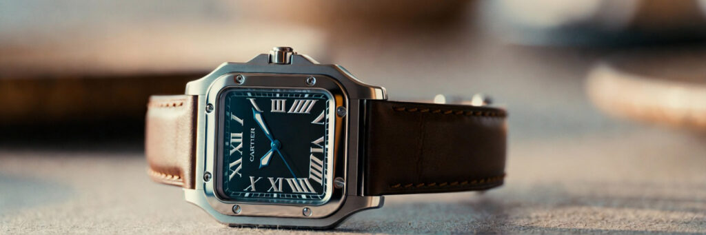 womens Cartier Santos watch with leather strap