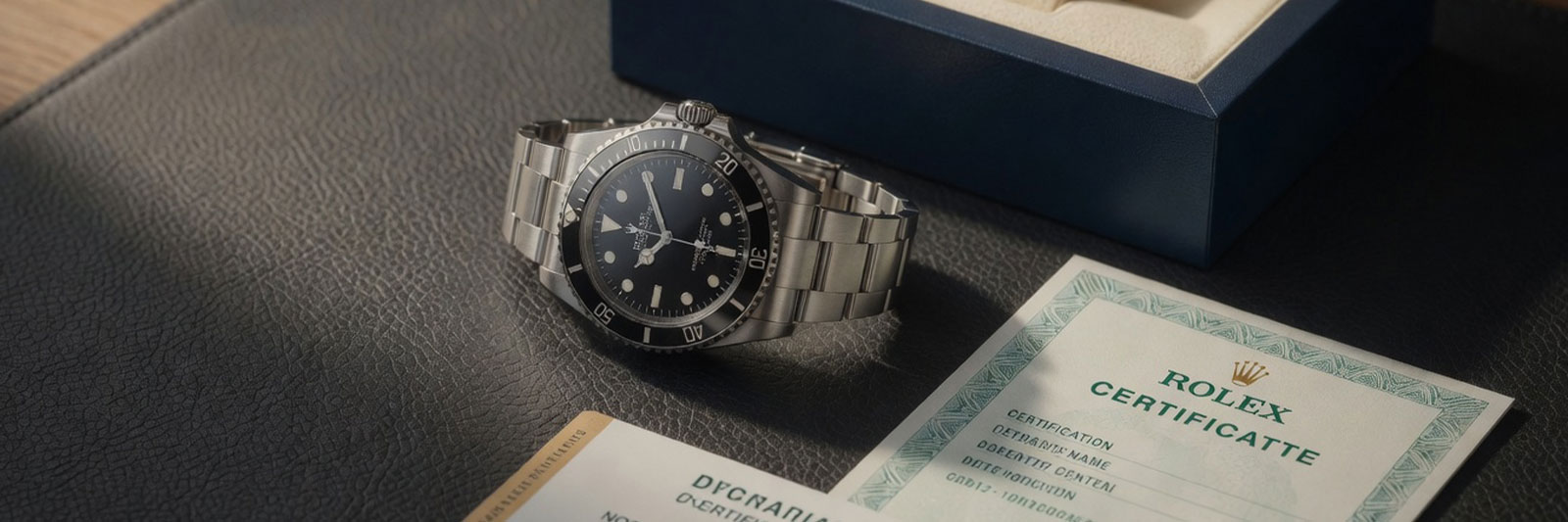 Luxury dive watch with appraisal certificate and warranty card arranged on a dark leather surface next to an open watch box