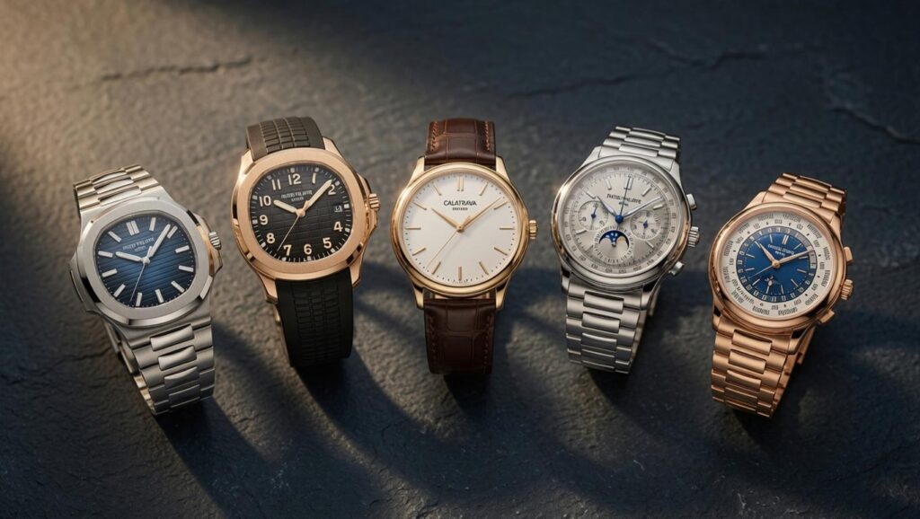 Five Patek Philippe models including Nautilus, Aquanaut, Calatrava, Perpetual Calendar, and World Time arranged on dark slate