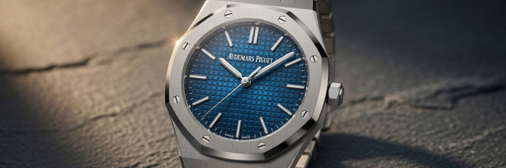 Audemars Piguet Royal Oak blue tapisserie dial with octagonal bezel and steel bracelet