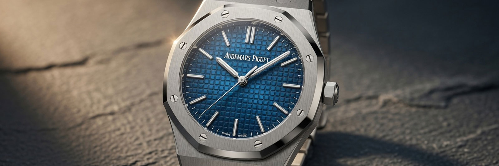 Audemars Piguet Royal Oak blue tapisserie dial with octagonal bezel and steel bracelet