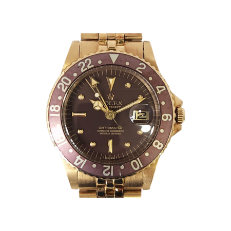 Vintage Rolex GMT-Master Yellow Gold Brown Stones Dial 1675