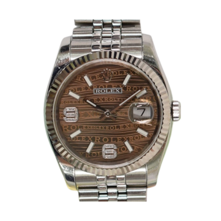 Rolex Datejust 36 Stainless Steel and White Gold Brown Wave 6&9 Diamond Dial 116234
