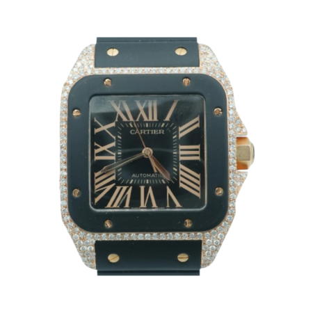 Cartier Santos 100 Iced Out Rose Gold Black Roman Dial 2792